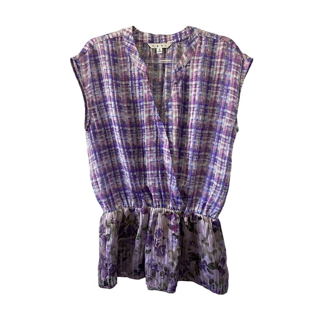 Cabi Eva Peplum Top Purple Floral & Plaid Print Size S